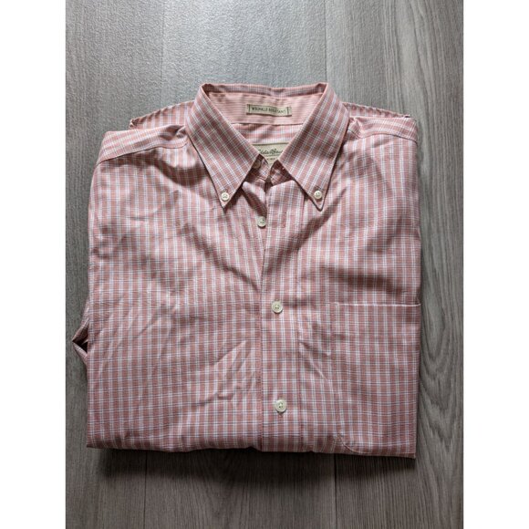 Eddie Bauer Mens Wrinkle Resistant Button-Down Shirt S Plaid 100% Cotton Red/Whi - Picture 1 of 6